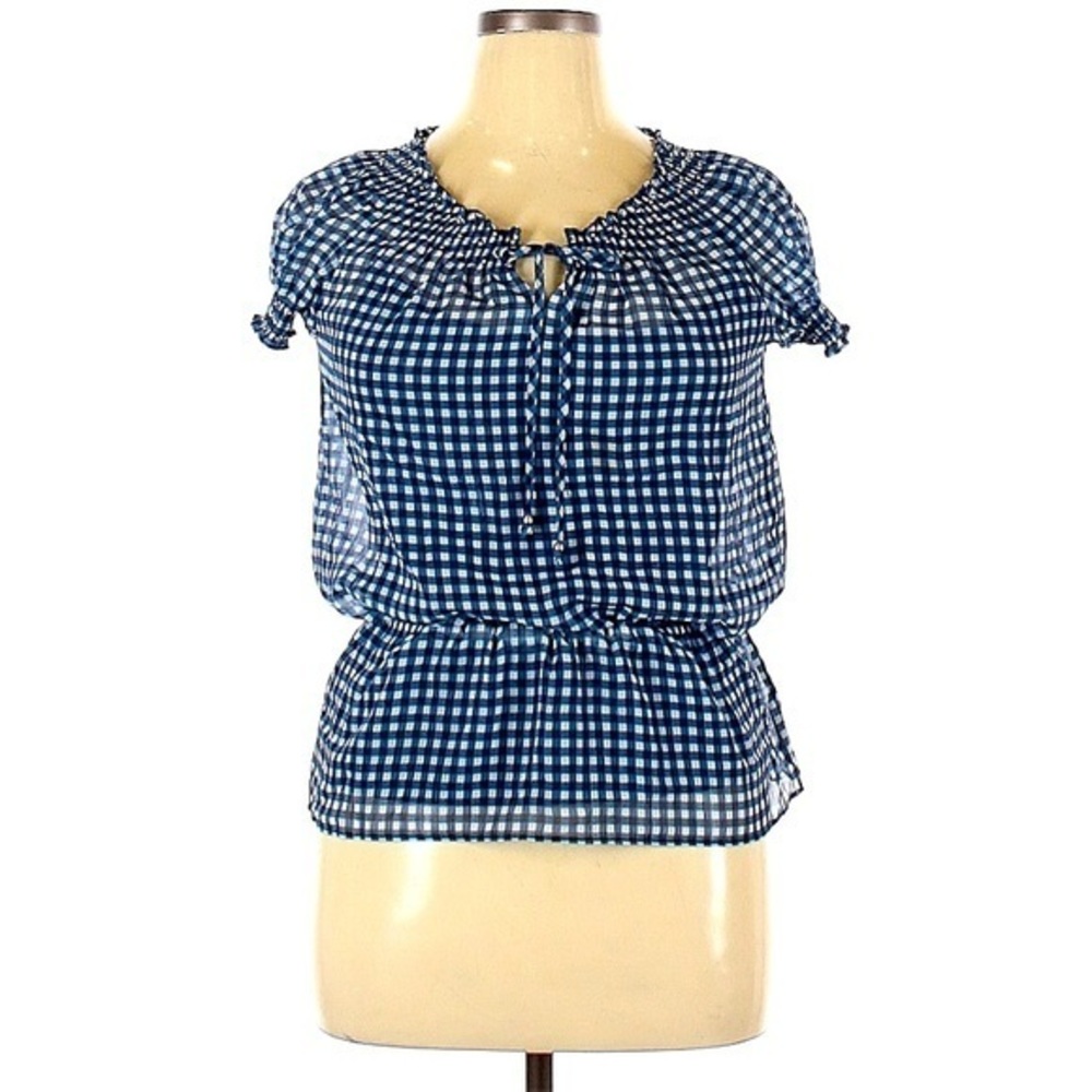 NWT Candies L semi sheer layered blue/white gingham check keyhole peasant top‎